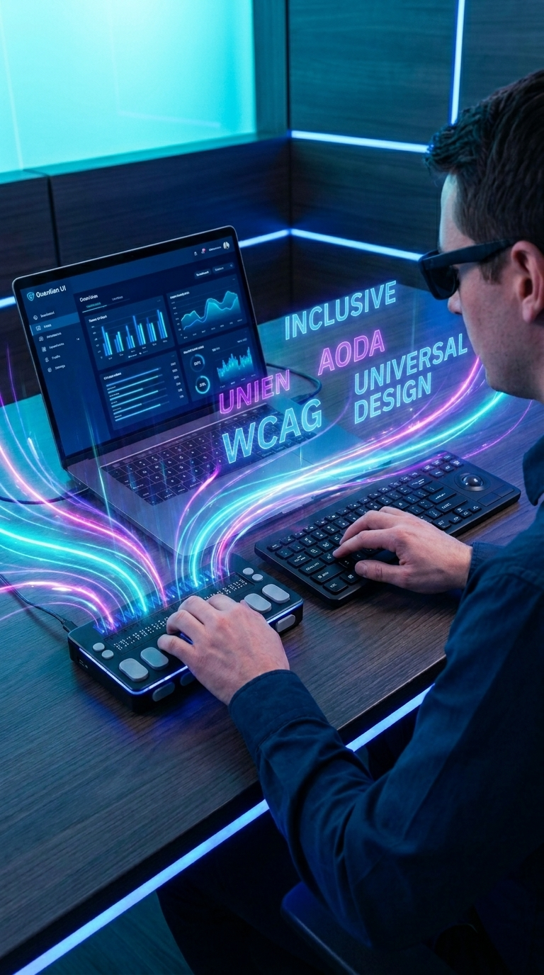 Blind man using computer with the help of accessibility tools
